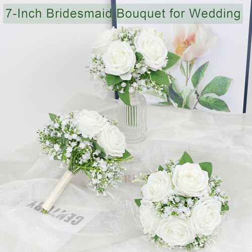 Small Bridesmaid Bouquet for Wedding - Pre-Made Artificial Flower Bouquet for Bridesmaid Silk Rose Babys Breath Bridal Bouquets for Vintage Country Boho Wedding Decorations -7 inch - color: Ivory, size: Set of 1 Bridesmaid Bouquets