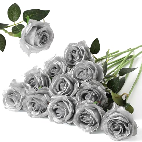Hawesome 12PCS Artificial Silk Flowers Realistic Roses Bouquet Long Stem for Home Wedding Decoration Party (Silver, 12Pcs Flowers) - color: Silver, size: 12Pcs Flowers