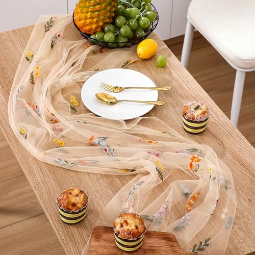 Boao 1 Wildflower Table Runner Embroidery Tulle Spring Summer Table Runner 120 Inch 10 ft Kitchen Dining Decoration for Wedding Baby Shower Bridal Shower Home Decor Birthday Party (Champagne) - color: Champagne, size: Wildflower