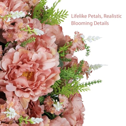 24” Artificial Flowers for Outdoors, Set of 2 Realistic Faux Pink Peonies in Cement Pots, UV Resistant Fake Plants Look Real for Front Porch, Entryway & Indoor Spring Decor - color: Peony Coral Pink