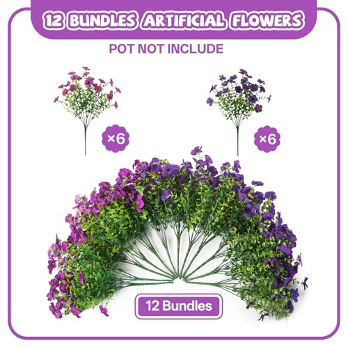 Artificial Flowers Faux Plants for Outdoor, 12 Bundles Realistic Silk Artificial Daisy with Eucalyptus, UV Resistant Fake Flower Plants for Outside Front Porch Garden Patio Decor (Lotus Purple) - color: Mix-lotus Purple