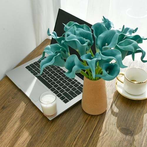 ONLY ART Artificial Teal Calla Lily 20pcs – 13.5" PU Faux Flowers with Flexible Stems, Soft Texture, for New Year and Valentine's Day Home, Wedding & DIY Decor - color: Teal