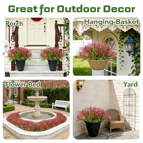 Faux Flowers for Outdoor Planters – 20 Bundles Fake Plants Outdoor, UV Resistant Artificial Plants & Flowers with Fake Monkey Grass, Faux Outdoor Plants for Porch Patio Garden Decor - color: Red Lotus – 20 Bundles