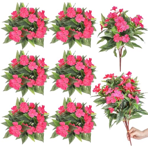 Wavwavw 6 Pcs Artificial Impatiens Bouquet Flowers for Outdoors 15 Inch Silk Flowers Greenery Artificial Impatiens for Outdoor Patio Lawn Garden Balcony Pot Hanging Basket Porch Decoration(Rose Red) - color: Rose Red