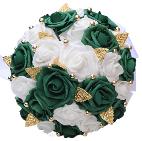 Artificial PE Rose Bridal Bouquet (A-Emerald Green & White, 6.7"/17cm, 1 Count, Classic Style, Rose Variety, Wedding And Engagement) - color: A-emerald Green & White, size: 6.7"/17cm