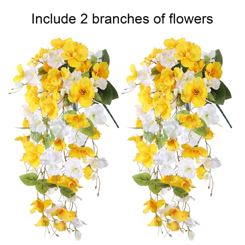 Ivydale Hibiscus Artificial Fake Hanging Flowers Plants for Outdoor Spring Decoration, 2PCS UV Resistant Faux Hibiscus Silk Flowers Realistic Look Real for Planters Outside Porch Patio Yard - color: Yellow + White, size: 2pcs