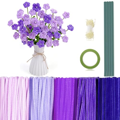 Peryiter 371 Pcs Pipe Cleaners Flowers Kit, Pipe Cleaners Chenille Stems Bulk with Floral Wire Gardening Tape Stamen, Fluffy Limpiapipas para Flores for DIY Mother's Day Decor(Purple) - color: Purple