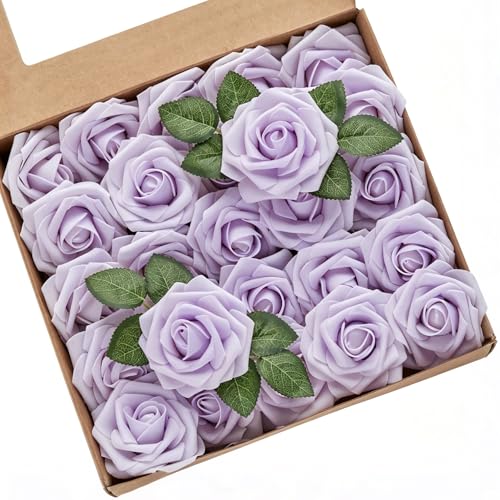 Artificial Flowers, 25pcs Artificial Rose for DIY Wedding Bouquets Centerpieces Arrangements, Purple Foam Rose with Stem for Bridal Shower Party Home Decorations - color: Purple, size: 25pcs