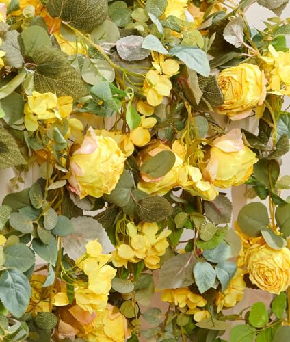 PONKING Flower Garland Artificial Rose & Hydrangea Vine Hanging Fake Flowers Vines for Wedding Birthday Party Valentines Christmas Room Wall Arch Decor, 1 Rose & 1 Hydrangea Yellow Floral Garland - color: Large Rose & Hydrangea Yellow Vines 5.4ft