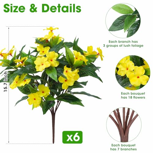 Ouddy Decor 6 Bundles Artificial Impatiens Flowers for Outdoors Decoration, Silk Flowers Bouquet Fake Plants UV Resistant for Spring Summer Garden Porch Window Box Balcony Home Decor, Yellow - color: Yellow