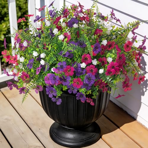 Ammyoo Artificial Flowers for Outdoors Spring Decoration, 12 Bundles Fake Flower Daisy with Realistic Eucalyptus Leaves, Faux Plants for Greenery Boxwood Porch Patio Garden Pot Lawn - color: Purple Deep-purple Rose-red Purple-red White-boxwood Fern-grass
