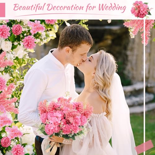 Zeyune 8 Pcs 13.4 Inch Artificial Flowers Bouquet Fake Silk Flowers Faux Bouquet Hydrangea Bouquets for Wedding Birthday Table Centerpieces Home Office Decoration (Peony,Hot Pink) - color: Hot Pink, size: Peony