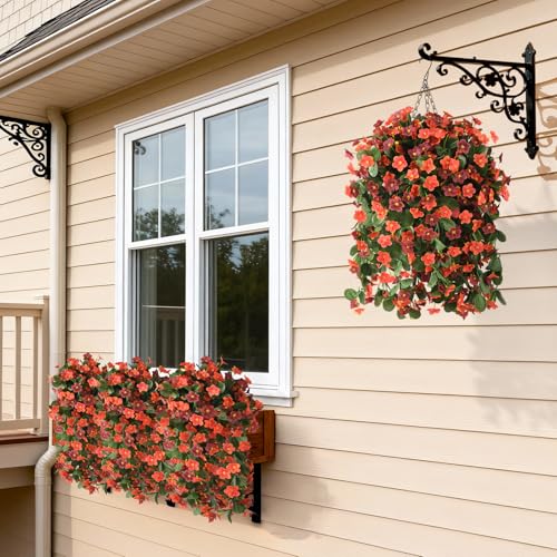 Artificial Fake Hanging Flowers for Outdoors, 2 Pcs Artificial Hanging Plants Outdoors Spring Summer Decor, UV Resistant Faux Violet Silk Flowers for Planters Front Door Yard Garden(Orange Brown) - color: Orange Brown