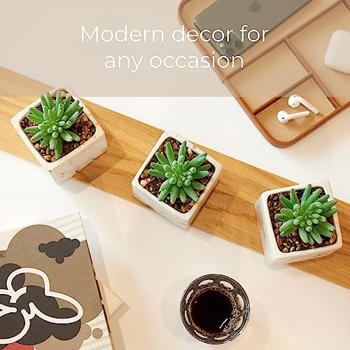 Nordik Square Marble Pots with Gold Vein Accents - Set of 3 - Modern Office and Home Decor - Lifelike Faux Plants - Artificial Desk Plants for Office and Bathroom - Mini Indoor Cactus - color: White Gold