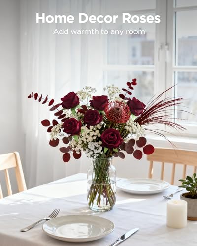 InnoGear 50 Pcs Burgundy Roses Artificial Flowers, Fake Velvet Silk Red Rose Bulk Faux Flower for Decoration Wedding Centerpieces Proposal Bridal Bouquets Shower Party Home Floral Decor (50, Burgundy) - color: Burgundy