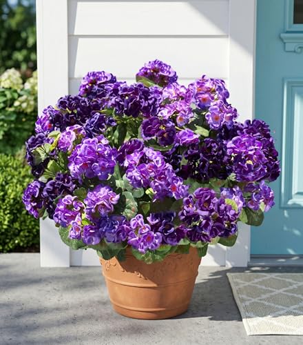 Fake Geraniums Artificial Flowers for Outdoors, 6 Bundles Silk Geraniums Flowers Realistic UV Resistant Fake Plants Faux Flowers for Outside Planters Front Door Garden Balcony Yard Porch Indoor, Mix - color: 3 Purple, 3 Dark Purple
