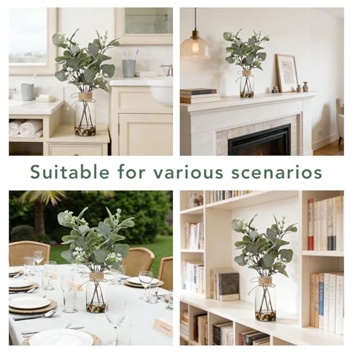 15.74” Artificial Eucalyptus Stems in Glass Vase with Faux Water & Natural Stones, Lifelike Fake Greenery for Modern Farmhouse Home Decor, Bathroom Decor, Office Desk Centerpiece - color: Sl-0975