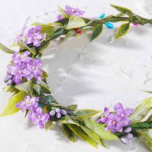 Fairy Flower Crown Headband, Artificial Purple Floral Green Leaf Headpiece, Boho Bridal Flower Headbands for Women Girls Renaissance Cosplay Wedding Birthday Party Hair Accessories - color: Bohemian Purple