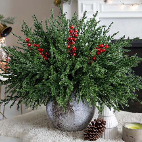 florisso Artificial Faux Christmas Norfolk Pine Stems Branches for Vases,12 Bundles Fake Evergreen Real Touch Greenery Stem with 3 PCS Red Berry Branches for Xmas Holiday Winter Table Indoor Decor - color: Red Berries
