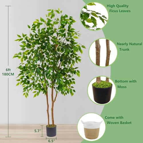 Warmplants Artificial Ficus Tree, 6ft Tall Fake Ficus Tree with Basket, Faux Plant for Indoor Outdoor Home Livingroom Office Garden Porch Décor - color: Ficus, size: 6ft