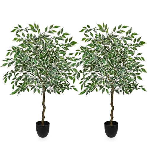 4Ft Ficus Tree Artificial Plants Indoor with Realistic Trunk, 2Pack Tall Fake Potted Tree Faux Floor Plant, Artificial Tree in Pot for Home Living Room Office Bedroom Corner Decor(Green White) - color: Green White, size: 4Ft -2pack