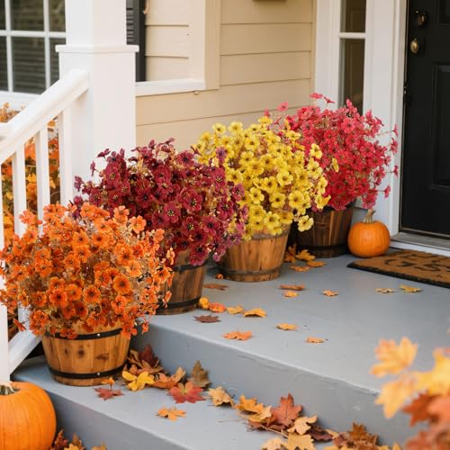 Roberly Artificial Fall Flowers for Outdoors Decoration, 12 Bundles Fake Mums Silk Daisy Flowers UV Resistant Faux Plastic Plants for Autumn Thanksgiving Porch Front Door Garden Home Decor, Mix Color - color: Mixedcolor