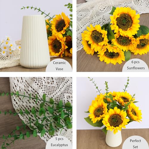 Artificial Flowers with Ceramic Vase, Silk Sunflower Fake Flowers in Vase for Home Office Decoration, 15'' Floral Arrangements for Dining Table Centerpiece, Bathroom, Wedding Decor
