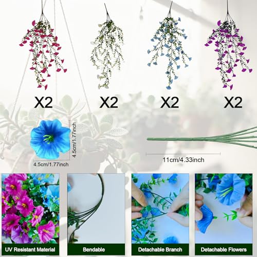 8 Pcs Artificial Hanging Flowers for Outdoors Fake Morning Glory for Home Decoration UV Resistant Mixed Color Greenery and Flowers for Porches Gardens Yard Decor (Cold Color) - color: Cold Color