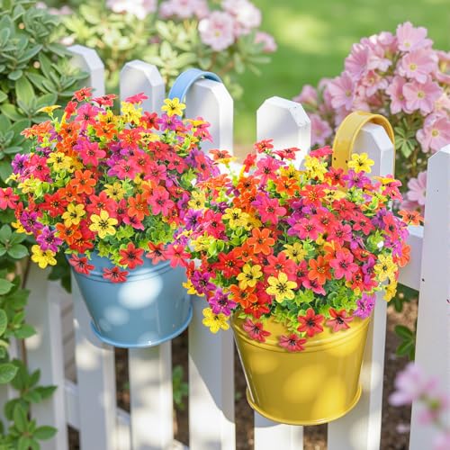 SHareconn 48 Bundles Artificial Flowers for Outdoors Decoration, Faux Plants Fake Silk Colorful Daisy Eucalyptus Lavender, UV Resistant for Outside Home Indoor Spring Decor, 5 Colors incl. Orange - color: Redfuchsiapurpleyelloworange