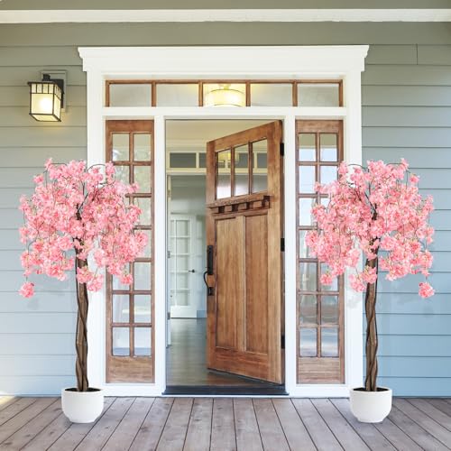 Goplus 5.5FT Artificial Cherry Blossom Tree, Fake Flower Tree, Faux Floral Plant Blooming Tree in Nursery Pot with Pink Flowers, Tall Potted Artificial Tree for Indoor Home Office Porch Decoration - color: Pink, size: 1 Pack