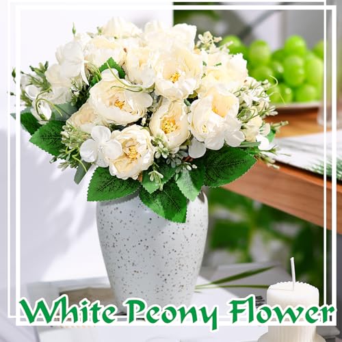 Olgaa 12 Bundles Peonies Artificial Flowers Fake Peony Bouquet Faux Peonies Flowers Bulk with Stems Flower Balls for Centerpiece Table Decorations Wedding Bridal Floral Arrangement (White) - color: White