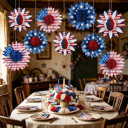 Paper Jazz 4th of July Decorations Paper Flower American Flag Red White and Blue Decor for Presidents Day,Patriotic Decoration Haning Paper Honeycomb for Veterans Day, Independence Day Birthday Party - color: blue And White