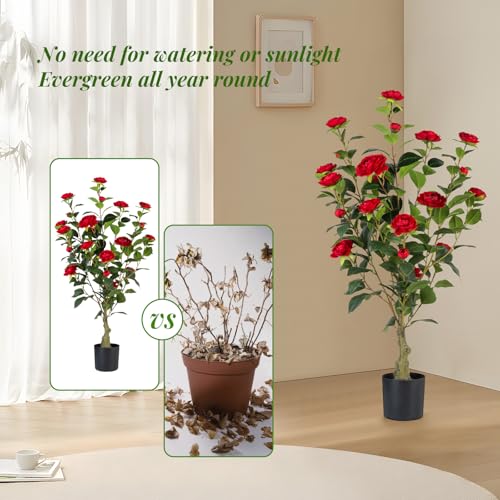 Artificial Camellia Tree 2 Pack, 3FT Faux Camellia Plant in Pot, 36 inch Fake Potted Camellia Flower Tree Plastic Camellia Tree for Modern Home Office Christmas Living Room Floor Decor Indoor, Red - style: C-Camellias (36 inch-Red)