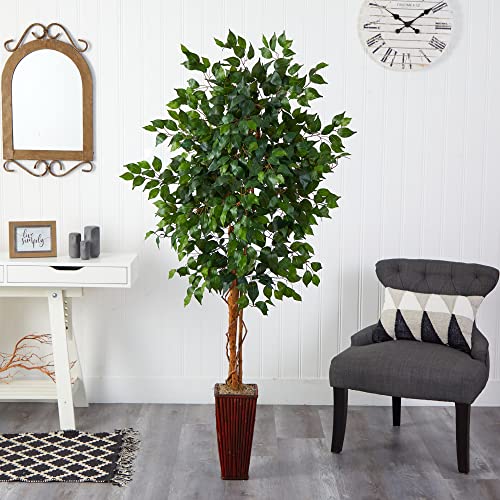 Nearly Natural 5931 6ft. Ficus Tree with Bamboo Planter,Green