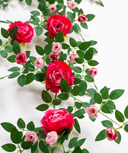 2 PCS 12FT Bendable Flower Garland, Artificial Rose Vine Hanging Floral Garland Decoration for Weding Home Room Wall Decor (Fushia, 2pcs) - color: Fushia, size: 2pcs