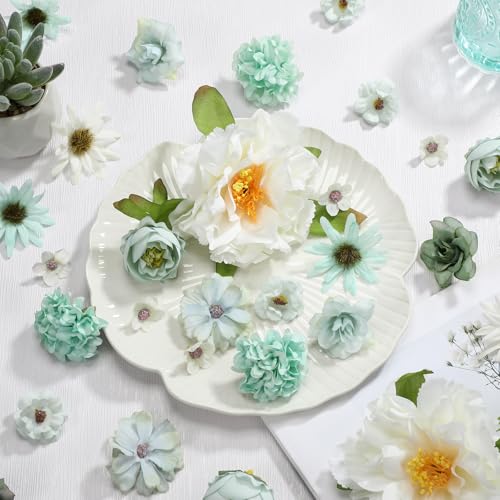 Thiccywoov 250 Pcs Artificial Flowers Heads Bulk Mini Silk Mix Flowers Fake Peony Daisy Rose Multicolor for Blossom Wreath Bouquets Wedding Home Decorations Party Craft Garland DIY(Green) - color: Green