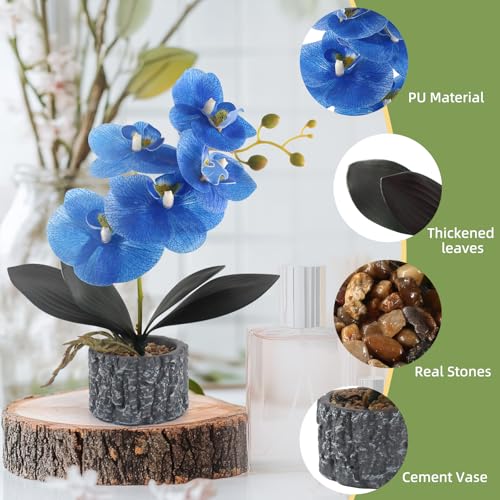 Artificial Orchid with Cement Vase Fake Phalaenopsis Flower Arrangement Faux Plants for Party Exhibition Center Home Decoration(Blue Tall 15") - color: Blue