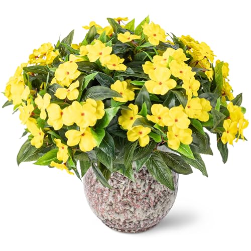 Nigirior Artificial Fake Flowers for Outdoor Décor 6 Bundles UV Resistant Fake Plants for Planter Faux Impatiens for Home Porch/Garden Stunning（Yellow） - color: Yellow