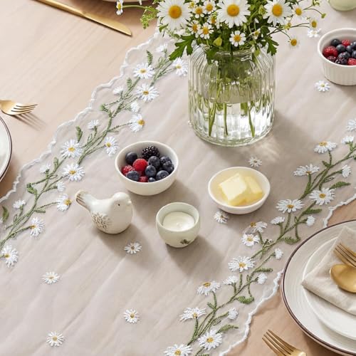 Artoid Mode Daisy Floral Milky White Shaped Gauze Embroidery Table Runner 120 Inch 10FT, Tulle Spring Summer Kitchen Dining Table Decor for Home Party - color: Milky White