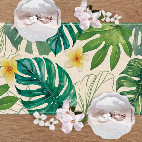 Tropical Plant Monstera Palm Leaves Dining Table Runner, Spring Summer Hawaii Botanical Burlap Kitchen Decoration, Frangipani Flower Indoor Outdoor Home Decor Party Supply 13 x 72 Inches - color: Tropical Plant, size: Table Runner 13''X72''