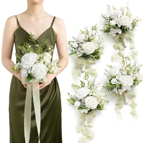 Ling's moment Artificial Flowers Lily of Valley White Bridesmaid Bouquet Set of 4, Green Wedding Flowers Bouquets for Bridesmaids, 7 Inch Bridal Bouquets for Bridesmaids, Wedding, etc - color: Wht-lily of the Valley White