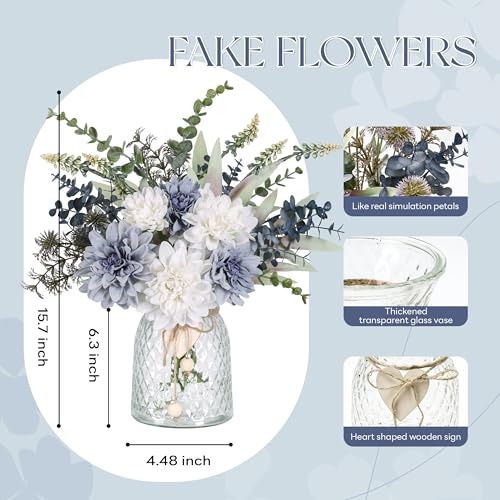 Der Rose Fake Flowers in Vase Silk Artificial Navy Blue Flowers Arrangements with Glass Vase for Dinning Coffee Table Centerpieces Home Kitchen Farmhouse Wedding Decor - color: Blue