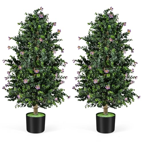 Goplus 2 Pack 36" Artificial Topiary Cone Tree, Faux Potted Shrub Plant w/49 Flowers, Cement-Filled Planter, Sun-Resistant Indoor Outdoor Evergreen Decoration for Home, Office, Front Porch (Purple) - color: Purple