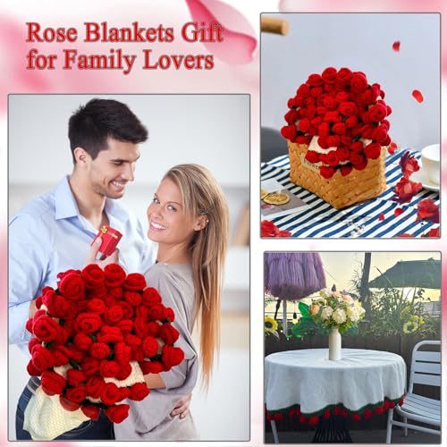 Crochet Flowers Rose Bouquet Blanket - Birthday Mothers Day Gifts for Mom Wife Grandma Women Sister, Handmade Knitted Throw Blankets for Couples Anniversary Wedding Home Decor