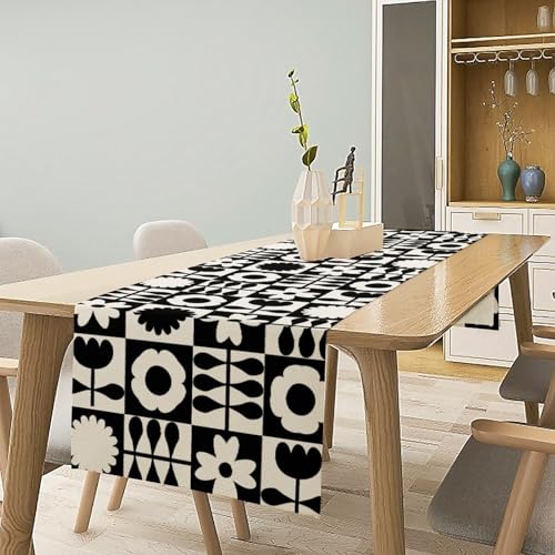 Retro Groovy Flowers Table Runner Vintage Geometric Checkered Mid Century Black Floral Dinner Runner for Country Farmhouse Kitchen Birthday Party Holiday 36X13inch - color: Checkered-10, size: L36"x W13"