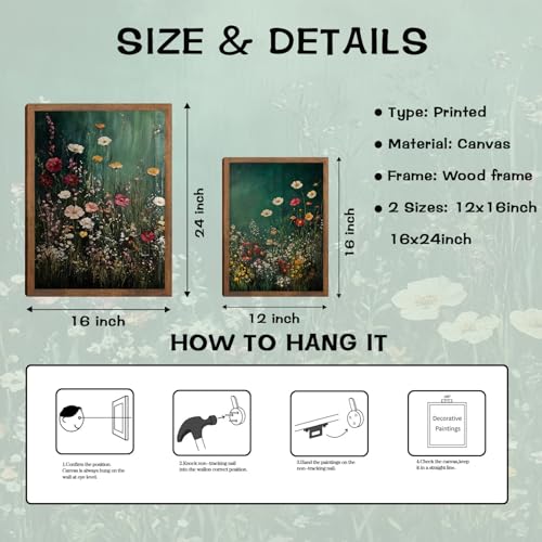 Vintage Wildflower Wall Art Set of 3, Dark Green Flower plant Canvas Prints Wall Decor, Gothic dark style pastoral landscape painting for Living Room Bedroom Farmhouse Home Decor 12x16in Wood Framed - color: Green flowers, size: 16L" x 12W"
