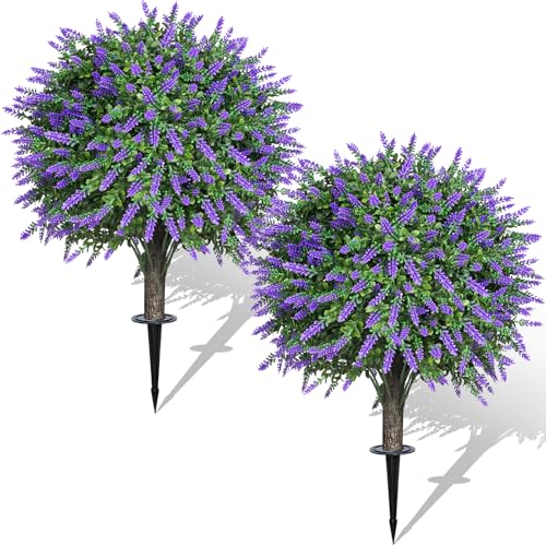 AOKIIE 24" Artificial Boxwood Topiary Bushes UV Resistant for Outdoor 2PCS | Artificial Shrubs with Ground Spike, Fake Outdoor Plants with Lavender for Indoor & Outdoor Garden, Yard, Porch, Patio - color: Lavender-boxwood