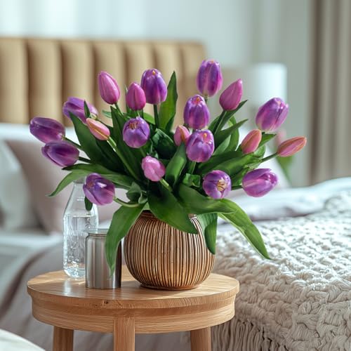 Bailikang 20PCS Fake Tulips 12' Artificial Tulip Silk Flowers Fake PU Bouquet Artificial Flowers Faux Flowers with Gift Box Soft Faux Tulips Bouquets Arrangements for Party Wedding Home - color: Purple