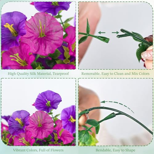 Artificial Hanging Flowers for Outdoors, 6Pcs UV Resistant Morning Glory Vines Fake Flowers with Eucalyptus, Realistic Silk Faux Hanging Plants Decor for Outside Planter Porch Patio (Purple Red) - color: Purple Red