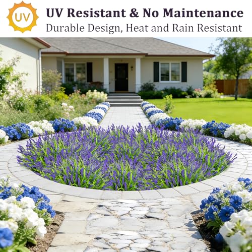 Faux Flowers for Outdoor Planters – 20 Bundles Fake Plants Outdoor, UV Resistant Artificial Plants & Flowers with Fake Monkey Grass, Faux Outdoor Plants for Porch Patio Garden Decor - color: Purple